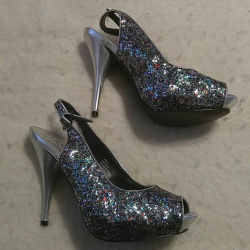 Silver And Multi Colored Glitter Open Toe Pumps S… - image 1